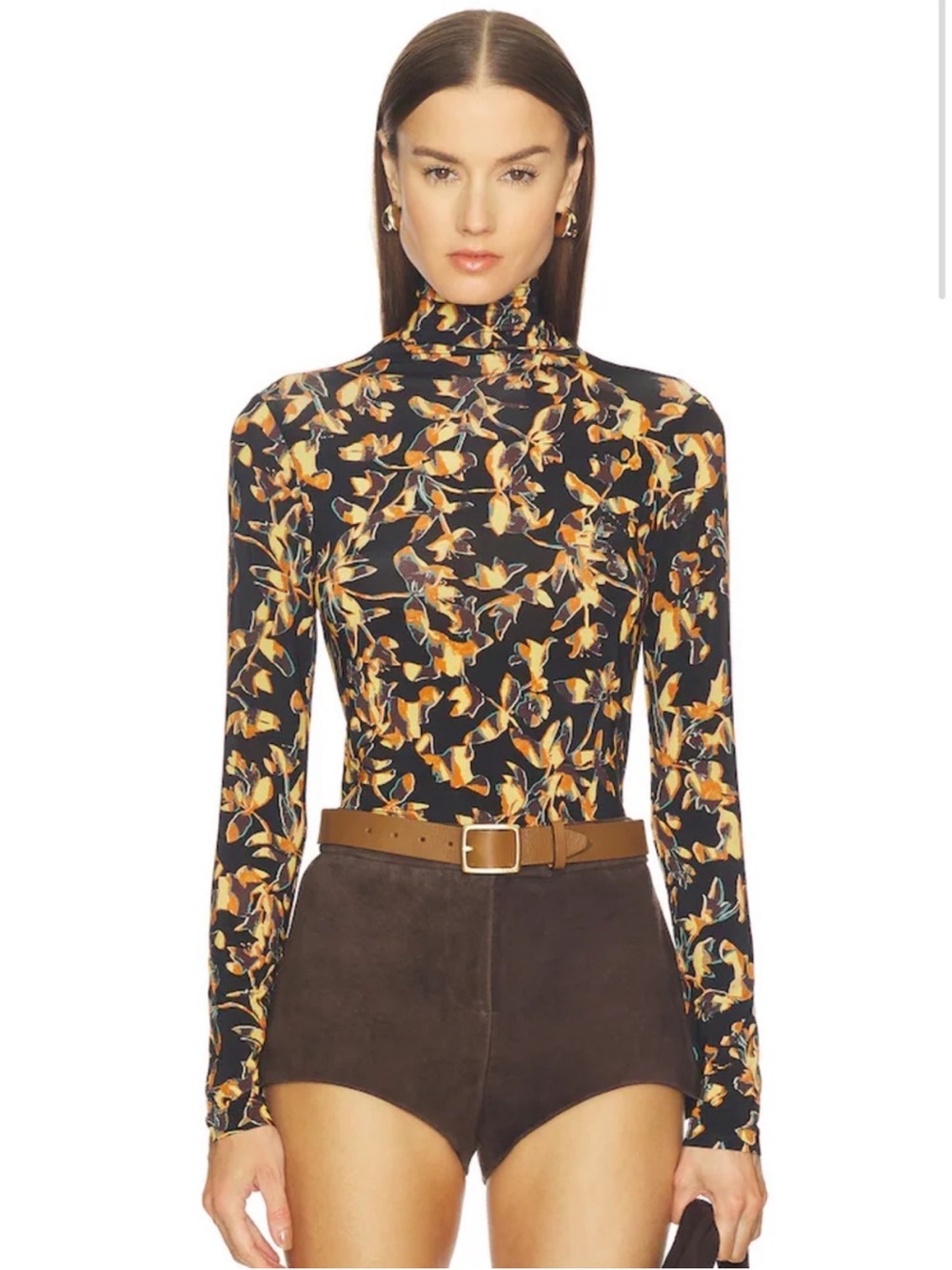 ULLA JOHNSON Aurelia Jersey Long Sleeve Floral Turtleneck in Solaris  | Size M